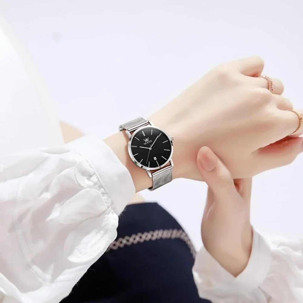 Women's Silver Black Watches for Ladies Female Wrist Watch Leather Band